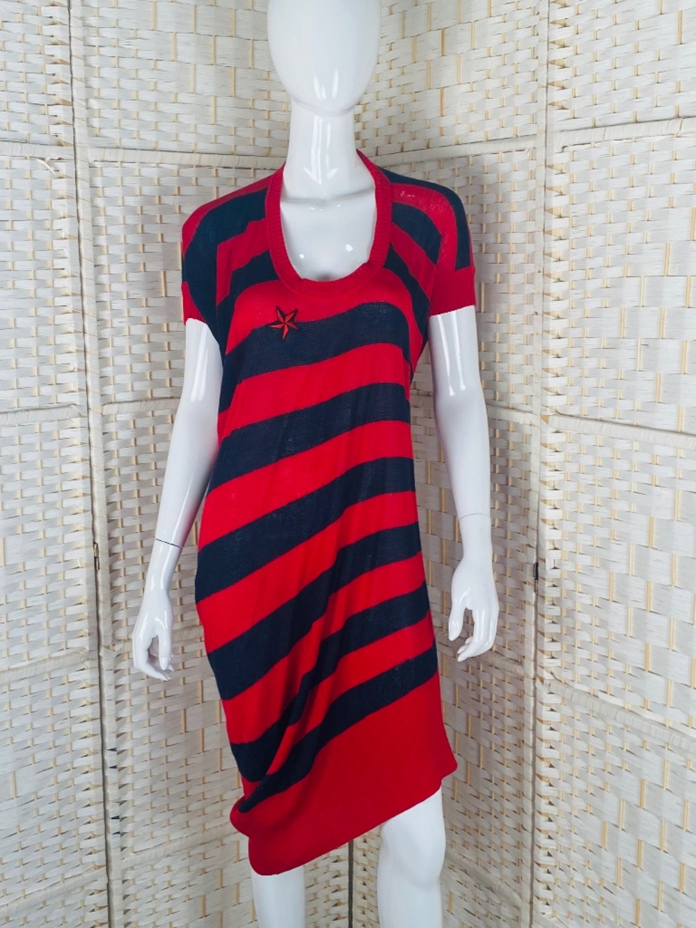 Vivienne Westwood Anglomania, Womens Red Navy Striped Asymmetric Sweater Dress M